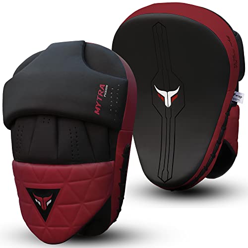 Mytra Fusion Manoplas Boxeo Curvo Pads de Kickboxing MMA, Muay Thai, Artes Marciales, Puñetazos, Entrenamiento de Karate Manoplas de Boxeo (Black/Maroon)