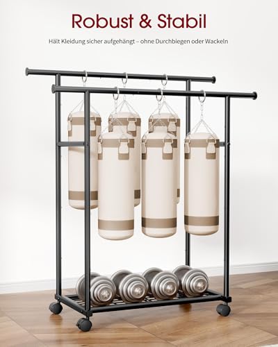 Sakugi kleiderständer auf rollen - Doppel-Kleiderstange mit eingebautem Netzboden, Robuster Garderobenständer für Schlafzimmer, Waschküche, Kleidergeschäft, 98 x 42 x 150 cm, Schwarz