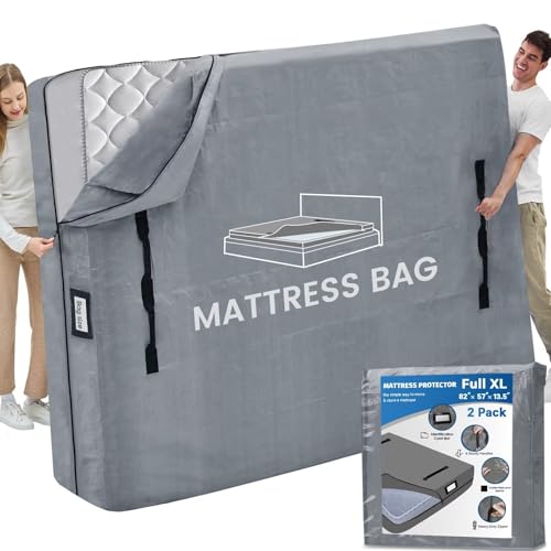 Mattress Bags for Moving and Storage, BETU Waterproof Mattress Protector Full XL Mattress Cover with 8 Heavy Duty Handles and Zipper Extra Thick Moving Supplies for Bed (2 Pack:82x57x13.5 Grey)
