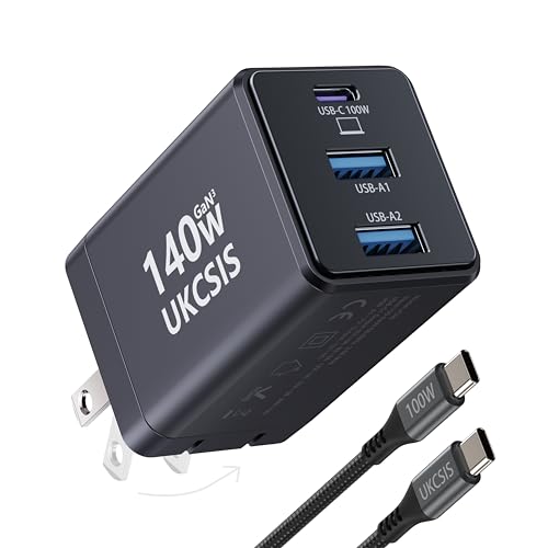 Image of 140W USB C Charger Block, Foldable 3-Port Multi-Device Fast Charger USB C Power Adapter for MacBook pro /Air, Dell, Samsung Galaxy, iPad Pro, and More (Black)