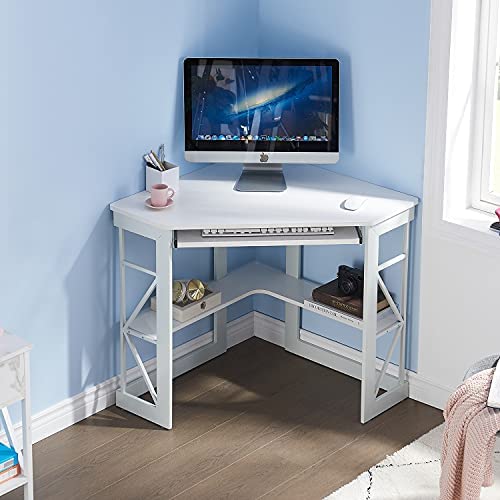 VECELO Corner Computer Desk Writing Smooth Keyboard Tray & Storage Shelves,Compact Home Office Triangle Table, White