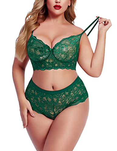 Avidlove Plus Size Lingerie Set for Women High Waist Lace Bra and Panty Set Strap Bralette Babydoll Bodysuit (Green, 14W)