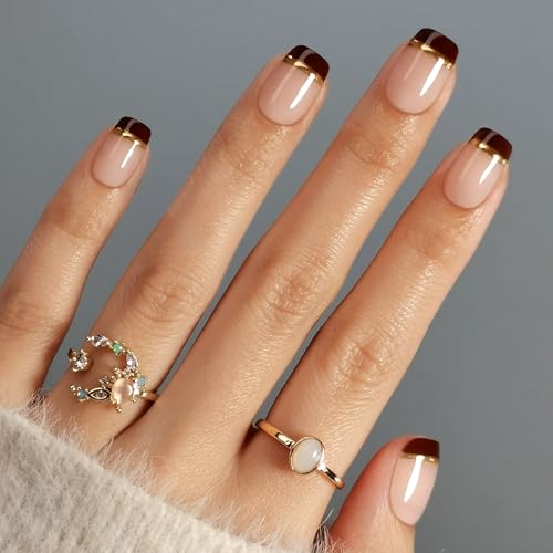 Short Chocolate Brown Gold Square Press on Nails Fall - GJZEZ Soft Gel...