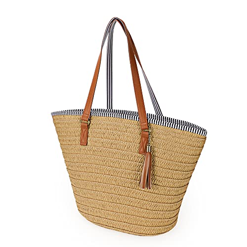 Bolso de hombro grande de paja para mujer miniatura 3
