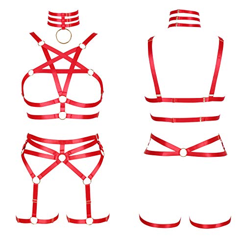 BBOHSS Damen Body Harness Pentagramm BH Set Punk Strumpfband Bein Taille Tanz Elastic Gothic Carnival Zubehör (rot)