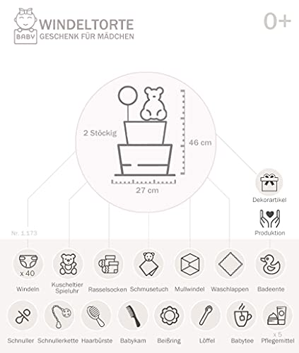 MomsStory - Windeltorte Mädchen | Schmetterling & Biene | Baby-Geschenk zur Geburt Taufe Babyshower | 2 Stöckig (Rosa) XL Groß | mit Spieluhr Schuhchen Schmusetuch Schnuller & vieles mehr - Image 4