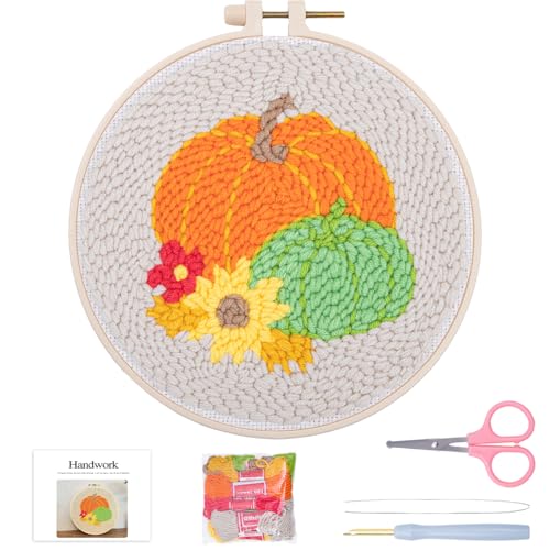 Image of Louise Maelys Beginners Punch Needle kit,Embroidery Starter Kits for Adults,Rug Cross Stitch Tool Including Handle Pen,Cloth,Hoop,Threads and Instruction-Pumpkin Pattern