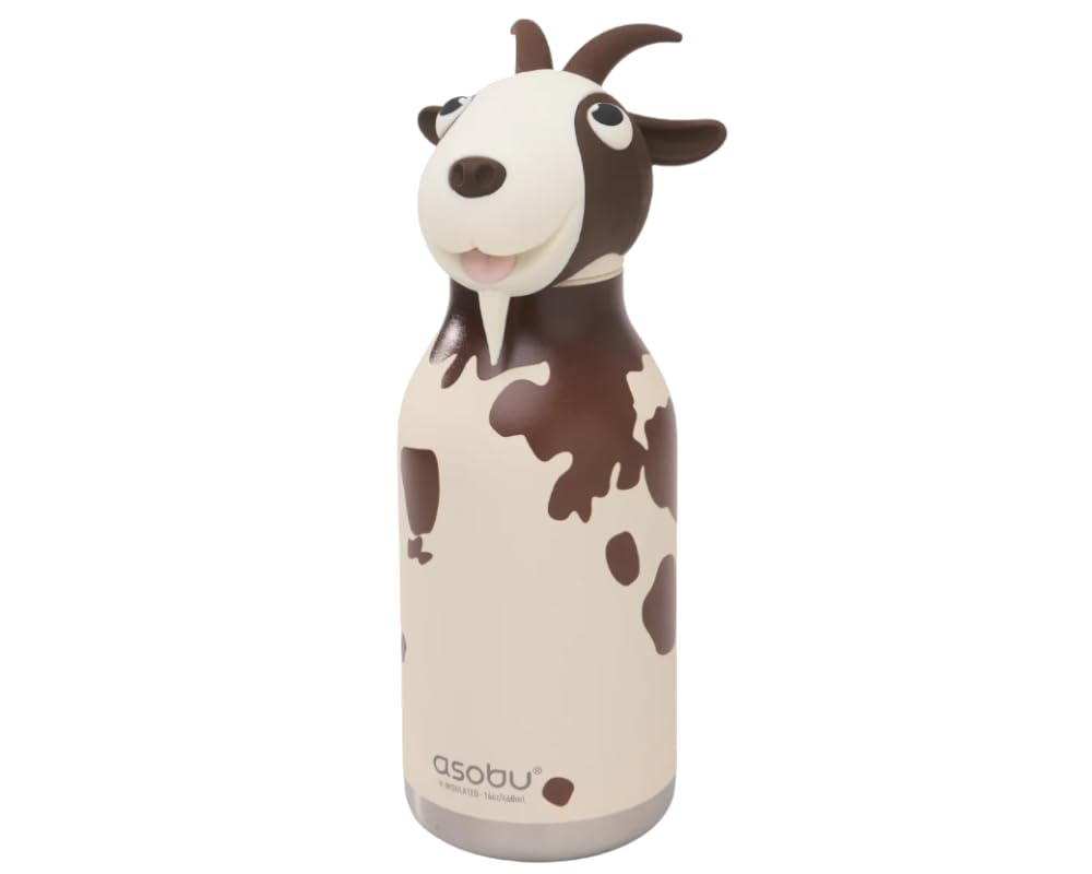Asobu Bestie Bottle Insulated Stainless Steel Water Bottle with Detachable Soft Animal Head Fun Drinking for Kids and Teens with Flexible Reusable Straw 16 Ounce (Goat)