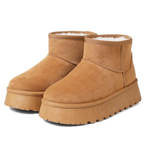 Platform Mini Boots, Ankle Boot Fur Lined Winter Boot for Women Platform Anti-Slip Snow Boots Waterproof Outdoor Chestnut