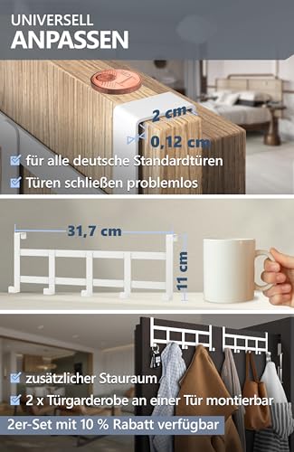 4smile Türgarderobe zum Einhängen – Weisse Türhaken universell verwendbar, flexible Kleiderhaken Tür, robust - Vielseitige Haken zum Einhängen, platzsparende Türhakenleiste für gesamte Wohnung