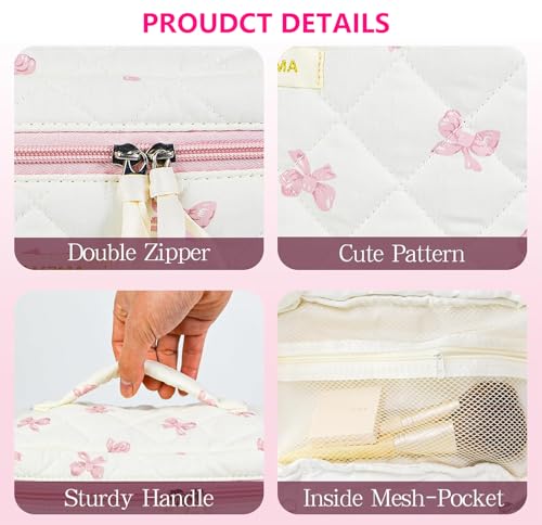 2Pcs Floral Quilted Makeup Bag Set Coquette Makeup Bags Large Cotton Cosmetic Bag Cute Makeup Bag with Bow Pattern Portable Travel Toiletry Bag For Women4