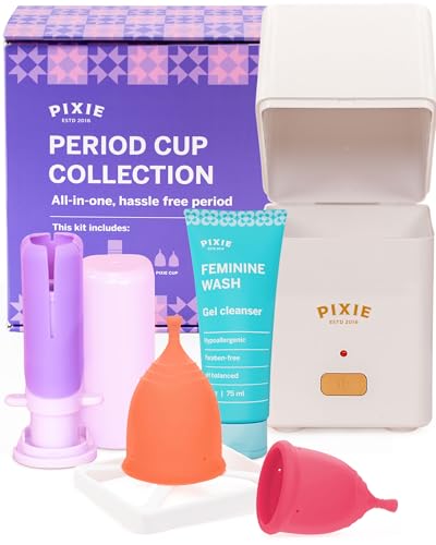 Pixie Menstrual Cup Collection - Inserts Like a Tampon - 2 Reusable Period Cups with Applicator Sterilizer Feminine Wash & Totes - All-in-One Easy Period Solution for Feminine Care
