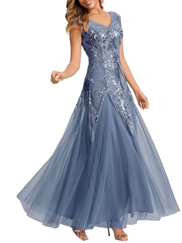 Ever-Pretty Women's Sequin V-Neck Formal Evening Dresses Cap Sleeves Ball Gowns Prom Dress Dusty Blue US10