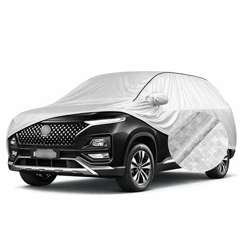 Image of SEAZEN Waterproof Car Cover for MG Hector | Dustproof, UV & Scratch Resistant Soft Cotton Lining | Triple Stitched, Mirror Pockets & Elastic Hem | Metallic Silver with Black Piping