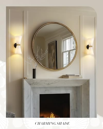 Image of Wall Sconces Set of Two, HWH 14.3 Inch Black and Gold Bathroom Sconces with Frosted Milk White Striped Glass, Up Down Modern Wall Light fixtures for Living Room Bedroom, 5HZG97B-2W-2PK BK+BG