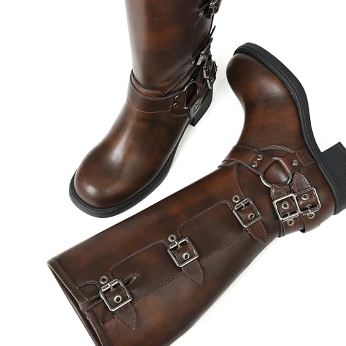 Image of AMINUGAL Knee High Boots Women Square Toe Pull On Wide Calf Riding Fashion Buckles Chunky Metallic Casual Vintage Buckle Rivet