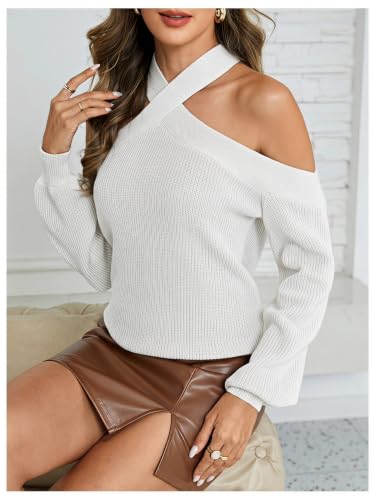 Image of MakeMeChic Women's Off The Shoulder Sweater Halter Criss Cross Pullover | Cozy, Knitted, Sweaters Tops, Long Sleeve, Fall Outfits, Winter Sweaters, Party, Knit Tops