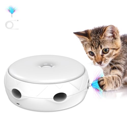 PETTOM Juguetes Gatos con 2 Plumas, Juguetes Interactivos para Gatos 3 Modos Juguete para Gatos Automático Giratorio Inteligente Cat Toys, Baterias Incluidas