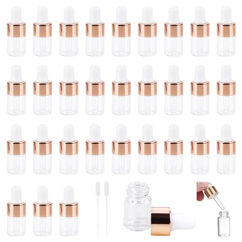 RUCUDIM Mini Pipettenflasche 30 Stück 2ml Transparente Glasflasche mit Tropfpipette, Tropfflasche Glasflasche für Ätherisches Öl Aromatherapie Massage Nagelpflegeöl (Rose Gold)