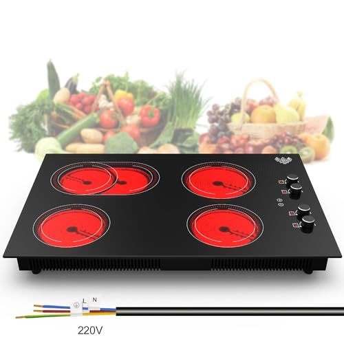 GIHETKUT 4 Burner Electric Cooktop,7200W Built-in & Countertop 4 Burner Electric Stove with 9 Power Levels, Child Safety Lock & 99 mins Timer, 30 inch Electric Cooktop 220-240V (No Plug)