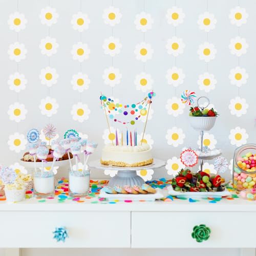 Image of Pasimy 8 Pcs Daisy Boho Party Decorations Groovy Daisy Paper Garlands White Flower Hanging Garland Banner Hippie Flower Cutouts for Birthday Shower Wedding Party Favor Supplies(Fresh,White)