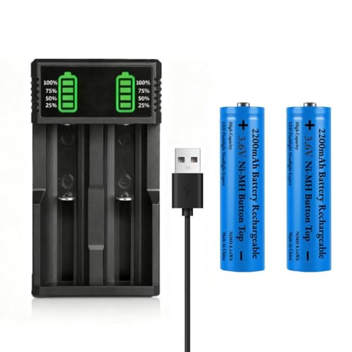 3.7V Battery Charger with 2 Pack 3.7V 2200mAh Button Top Battery Ni-MH, 2 Bay LCD Display Smart Universal USB Battery Chargers for Flashlights, Headlamps, Doorbells, RC Cars, Outdoor Garden Lights,etc