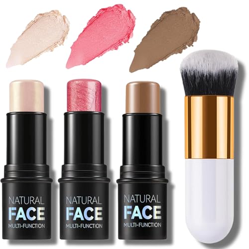3 PCS Contour Highlighter Blush Sticks with Brush - Blendable, Waterproof Bronzer for Cheeks, Eyes, Lips. Long-Lasting, Smooth Formula for All Skin Types. Perfect Face Makeup Kit for a Flawless Glow