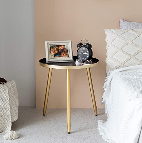 Image of Round End Table, Fashionable Round Side Table & Coffee Table for Living Room, Metal Nightstand Round Bedside Table for Bedroom, Corner Plant Stand for Balcony,Black Tray Gold 3 Legged Table by AOJEZOR