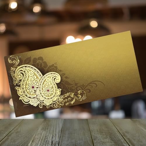 Image of Pack of 20, Golden Paisley Design Fancy Shagun Envelopes for Gifting Money Rectangle Shape Velvet Finish Paper Designer Sagan Lifafa Wedding Cash, 19 X 9 cm, Mustard Yellow Color