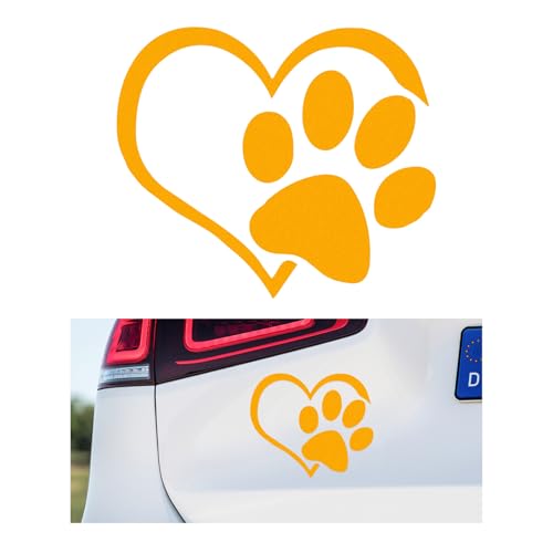 Image of DXNQ Pet Dog Paw Puppy Love Heart Vinyl Decal, 4.6 inch 3.7 inch Heart with Dog Paw Print Reflective Bumper Sticker, Cute Waterproof Puppy Footprint Heart Decal for Window Laptop Wall (Yellow)