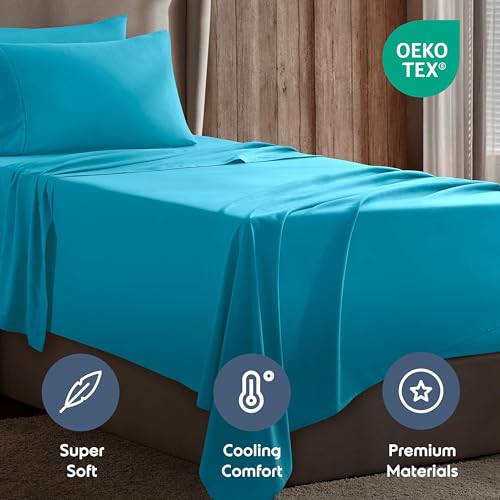 Image of Nestl Twin Bed Sheet Set - Bright Blue - 3-Piece Deep Pocket | Instantly Soft, Night-One Ready (No Wash Required). Fits 16-Inch Deep Pockets, 360-Degree Elastic Grip