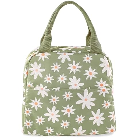 Steel Mill & Co Insulated Lunch Tote Bag for Women, Large Capacity Cooler Lunch Box, Lunch Bag for Adults, Mini Cooler with Zipper Closure, Pockets, and Sturdy Handles, Daisy Floral Green Cover
