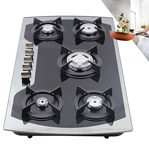 HINOPY Cocina de gas con 5 fuegos, 90 cm, cristal templado, acero inoxidable, para gas natural y propano