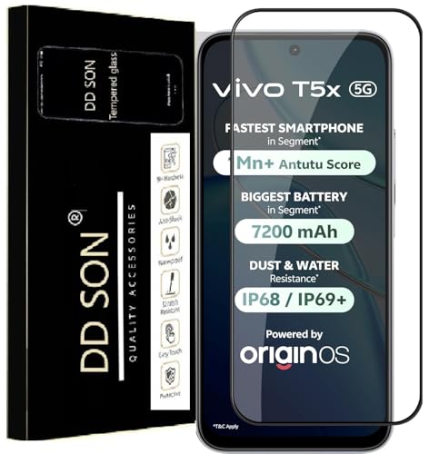 Image of DD SON Premium Tempered Glass Screen Protector Guard Compatible For Vivo T5X 5G (Ultrasonic Fingerprint Working) (6.72 Inch, Pack of 1) | Edge to Edge Coverage