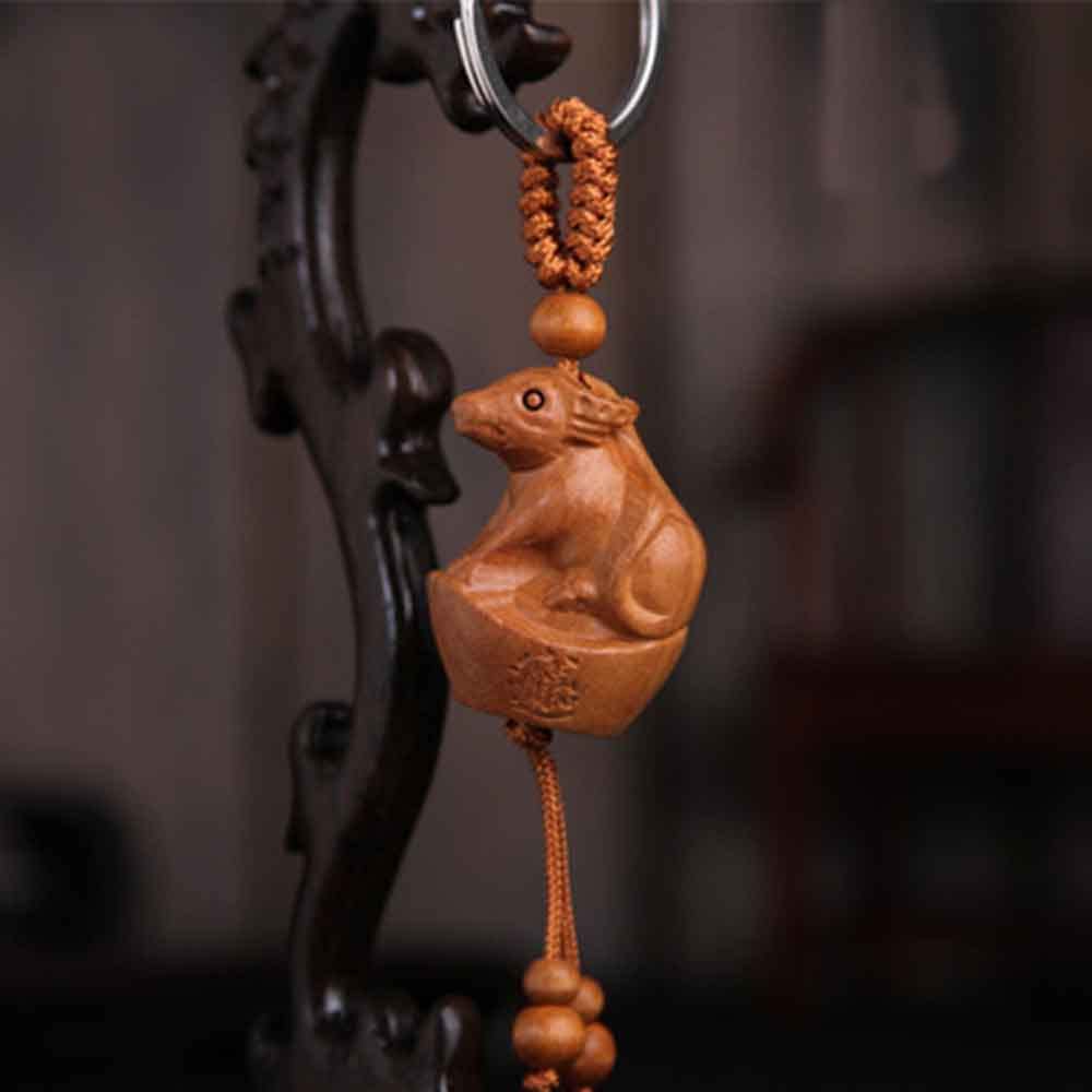 Luxury Wood Good Luck Zodiacs Keychain Car Hanging Pendant/Key or Bag Decor feng shui Key Ring Blessing Wealth Success (Dog)
