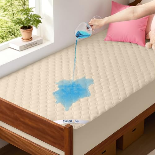 Image of BEDLORE Waterproof Mattress Protector, Noiseless Twin XL Size Mattress Pad with Deep Pocket Fitted Up to 6-15 inches, Soft Breathable Dirt-Proof Mattress Cover for College Dorm (Beige)