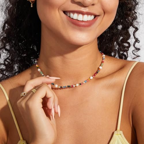 KissYan Beaded Choker Necklace for Women, Colorful Natural Gemstones Pearl Choker 14K Gold Plated Pendant Healing Crystal Necklace Handmade Stone Jewelry Gift2
