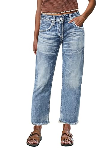 Flamingals Straight Leg Crop Jeans for Women Wash Raw Hem Mid Waist Jeans