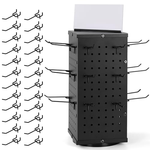 Rotating Pegboard Display Stand With 2 Hooks - Metal Spinning Peg Board Displays, Display Stands for Retail, Vendors, Selling & Shows - 4-Sided Craft Rack Organizer for Products, Accessories or