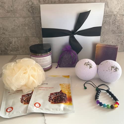 AyaZen Relaxation Bath & Body Spa Gift Set For Women, 9 piecec Gift Box For Her Includes Natural Lavender Bath Bombs, Sugar Body Scrub, Artisan Soap, Chakra Bracelet