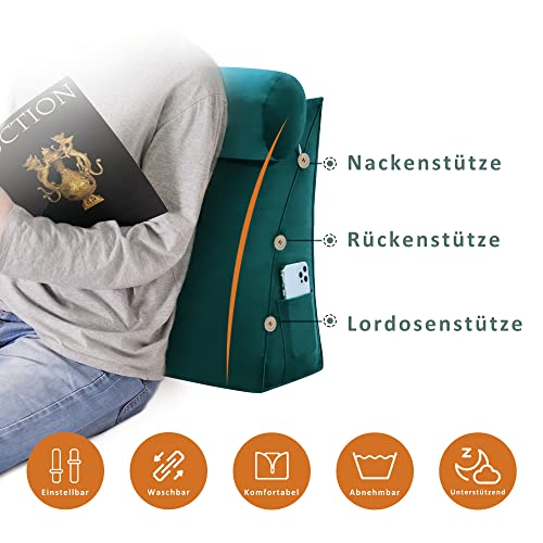 Homecozy Rückenkissen KeilKissen mit Nackenrolle Rückenlehnen Sofakissen Lesekissen Nackenstütze Nackenkissen Große Kissen Zierkissen, Samt, 60x20x50cm, Blau-Grün - Image 4