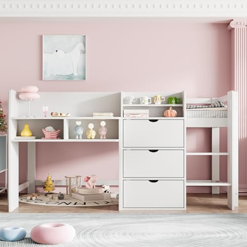 Merax Halbhohes Kinderbett 90x200 cm mit Stauraum & Spielbereich – Hochbett mit Regalfächern, Schrank & Leiter, platzsparendes Jugendbett, Weiß,...