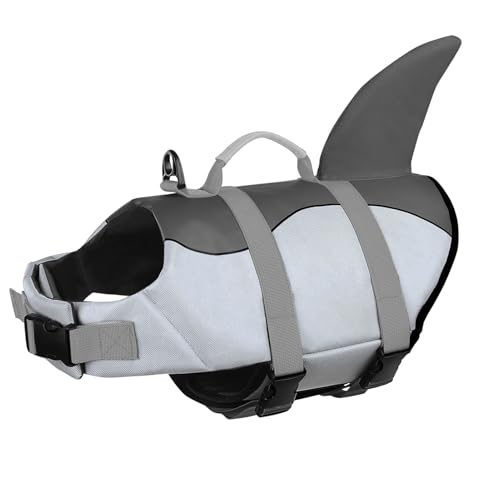 AOFITEE Schwimmweste Hund Große, Hundeschwimmweste Hai für Schwimmen, Hohe Flotation Rettungsweste mit Rettungsgriff und Reflektorstreifen für Kleine, Mittlere, Große Hunde, Grau XL