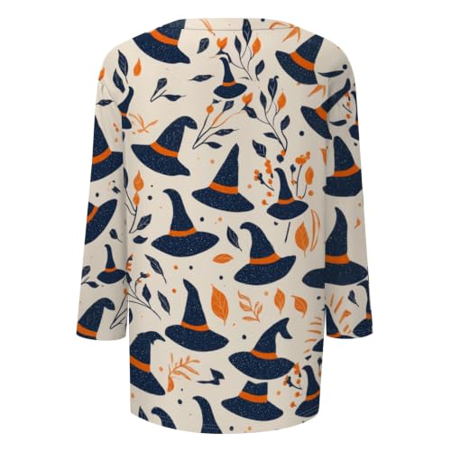 Image of Women Spooky Halloween Graphic Shirt 3 /4 Length Sleeve Crewneck Top | Halloween Funny Printed Pumpkin Plus Size Tshirts 2026 Fall Outfits Skeleton Tee Going Out Tops