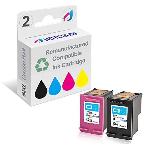 HOTCOLOR Remanufactured Ink Cartridge Replacement for HP 64XL Black Tri-Color High Yield Ink Cartridge N9J92AN N9J91AN,Work with Envy Photo 6255 7155 7855 Printer (Black Color,2-Pack)