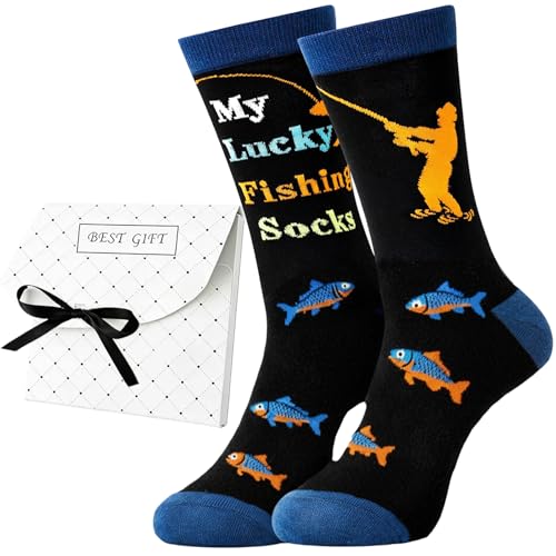 YSUY 'My Lucky Fishing Socks' Gift Set with Premium Box | Novelty Angler & Fish Design Socks | Birthday, Father's Day Present for Men, Fishing Gift (UK 7-11) (Blue)