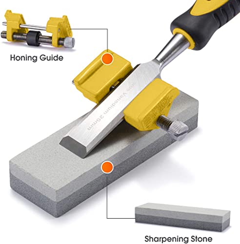 Rexbeti 10Pcs Premium Wood Chisel Set, 6Pcs Wood Chisel With 1 Honing Guide, 1 Sharpening Stone And 2 Carpenter Pencils, Heat-Treated Cr-V Alloy Blades, Yellow #TOP3