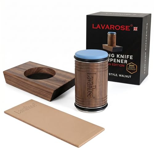 LavaRose Artisan Rolling Knife Sharpener for Kitchen Knives Premium Walnut Magnetic Angle Guide 15/20 Diamond Sharpening & Honing Discs Leather Strop Included