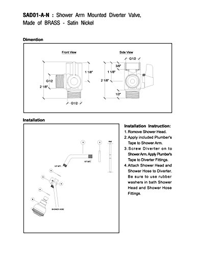 MODONA Shower Arm Diverter Valve, Made of Solid BRASS with BRASS Handle - Satin Nickel - 5 Year Warrantee - Thumbnail 3