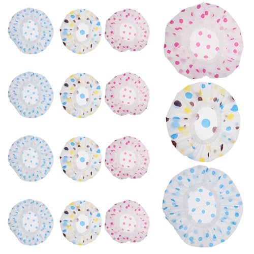 EPIGEIST 15 Gorros de Ducha Impermeables para Mujer Gorros de Baño Grandes con Estampado de Lunares Engrosados y Elásticos Juego de 15 Piezas Colores Surtidos para Spa Baño y Viaje